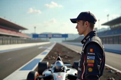 Jeune pilote de course regardant la piste avec inquiétude