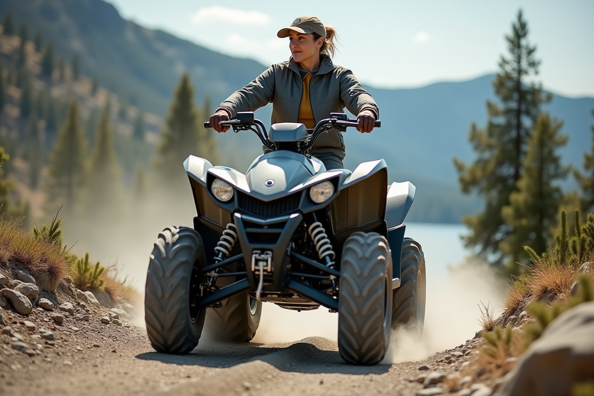 Femme en quad sur sentier de montagne