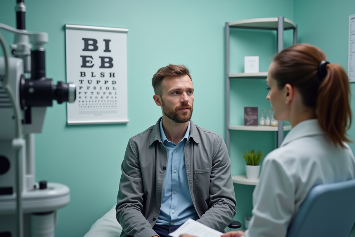 Jeune homme faisant tester sa vue par une professionnelle de santé