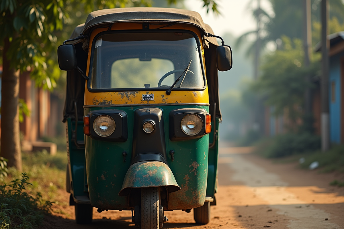 Tuk tuk usé dans un village rural sur une route en terre