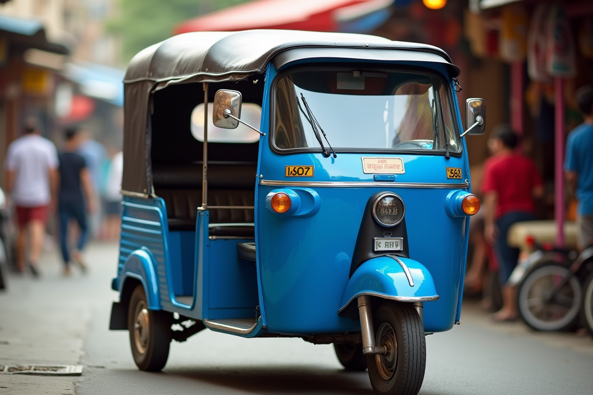 Tuk tuk bleu vif dans un marché urbain en plein jour