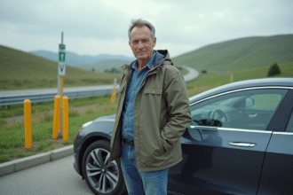 Homme en jeans près d'une voiture électrique moderne en plein air