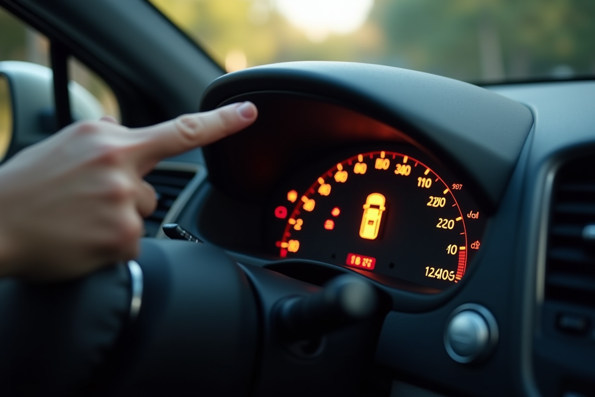 Main de conducteur pointant vers voyant de pression des pneus allumé